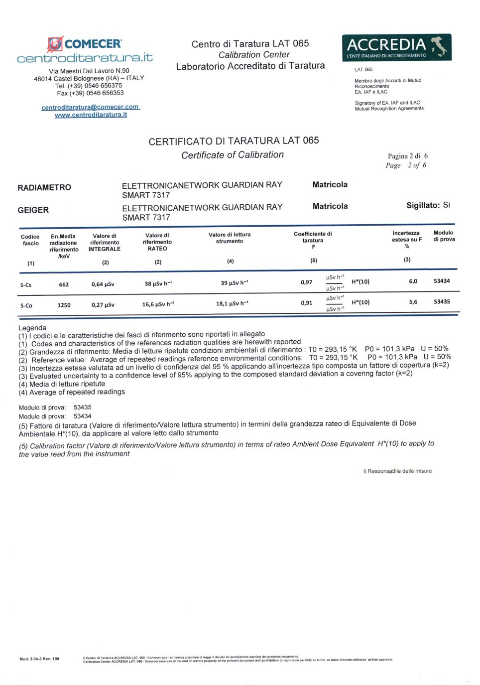 Certificat d'étalonnage du compteur Geiger Guardian Ray Smart 7317 avec crêpe